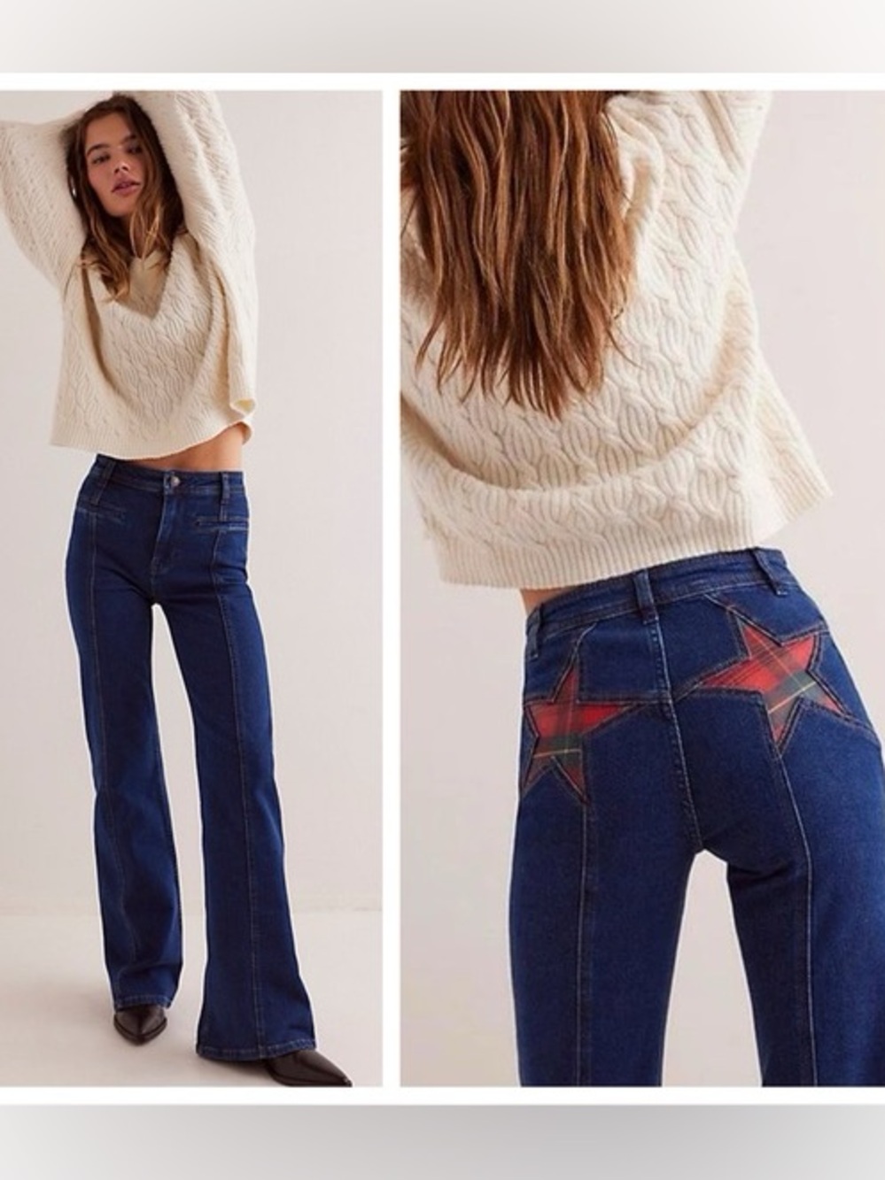 Free People Firecracker Flare Jean We The Free  Stars Tartan Plaid Red
